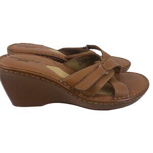 Brown's Landing Brown Leather 3" Wedge Heels Open Toe Shoes Women's Size 8 M
